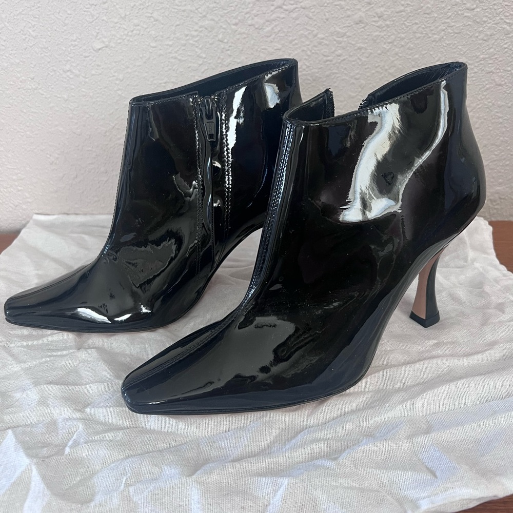 STAUD Cami Zip Up Ankle Boot in Black Patent Leather